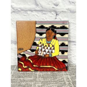 Vintage Hand Painted Prusa Elan Southwestern Tile Woman Hot‎ Plate USA 6x6"